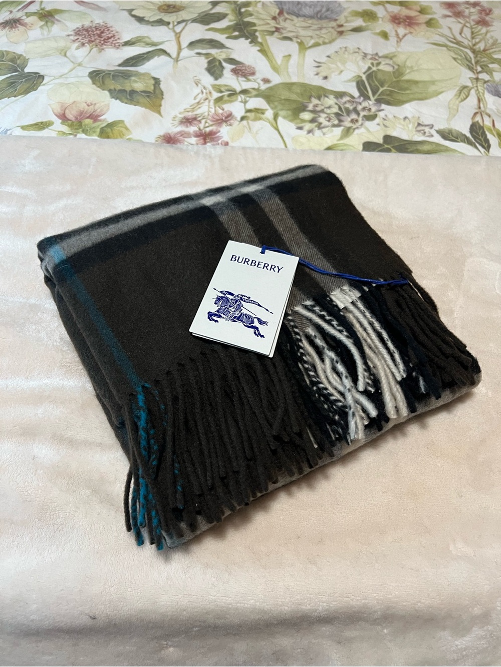 Burberry Black, Gray & Blue Plaid Cashmere Scarf with Fringe